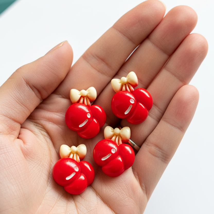 Four red cherry-shaped earrings with white bows held in a hand against a white background