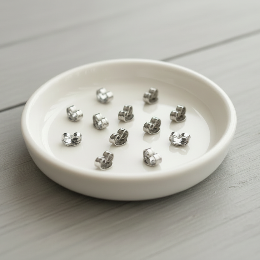 Small white dish with silver earrings on a light wooden surface