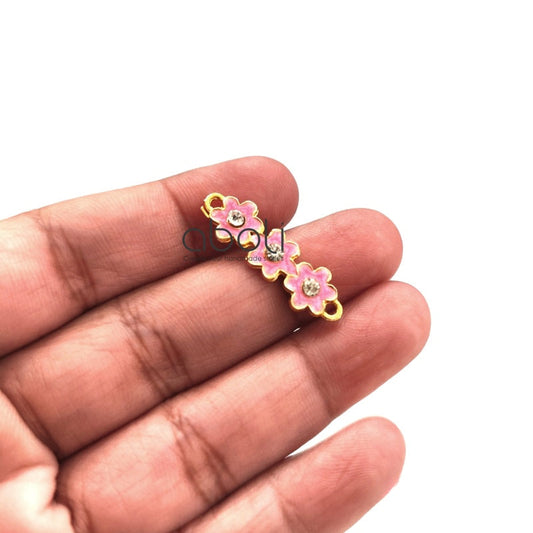Pink Flower connectors for rakhi, bracelet, earrings Stone studded charms golden base
